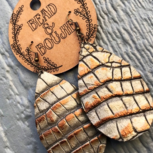 Metallic Silver and Brown Genuine Embossed Leather Teardrop Dangle Earrings - Picture 3 of 9